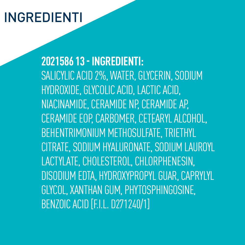Elenco degli ingredienti. Acido salicilico, acqua, glicerina, ecc. Su sfondo bianco.