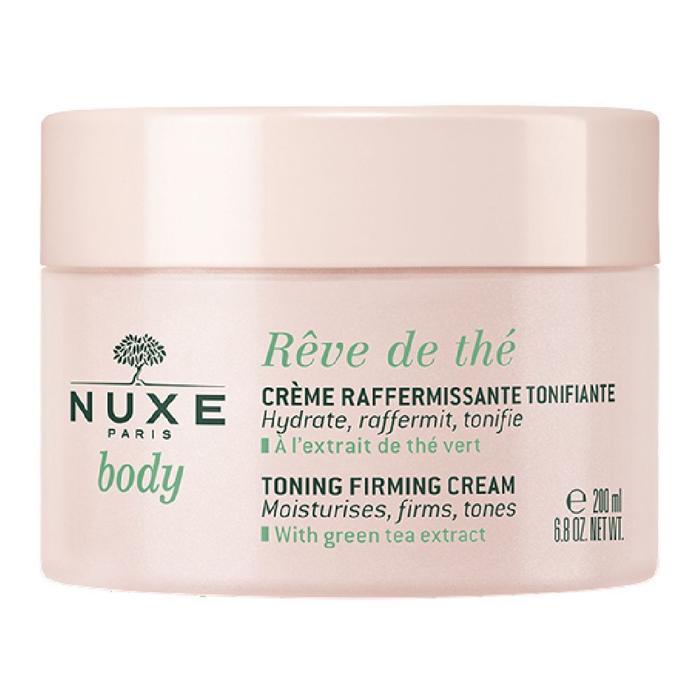 Vaso rosa con coperchio bianco. Scritta: Nuxe Body, Rêve de thé, Crème raffermissante tonifiante. Estratto di tè verde.