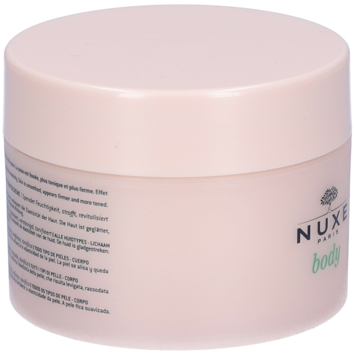 Vaso rosa con coperchio bianco. Scritta: Nuxe Body, Rêve de thé, Crème raffermissante tonifiante. Estratto di tè verde. Retro.