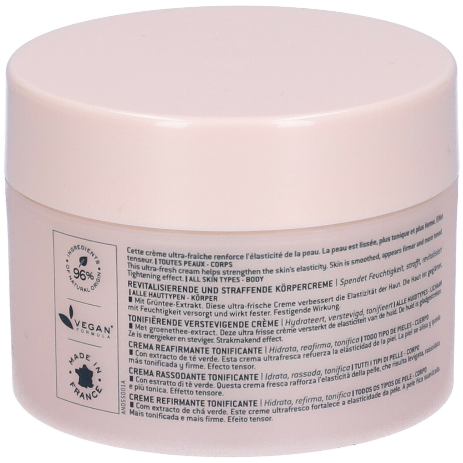 Retro del vaso rosa. Testo multilingue. Logo vegano. Fatto in Francia. 96% ingredienti naturali.
