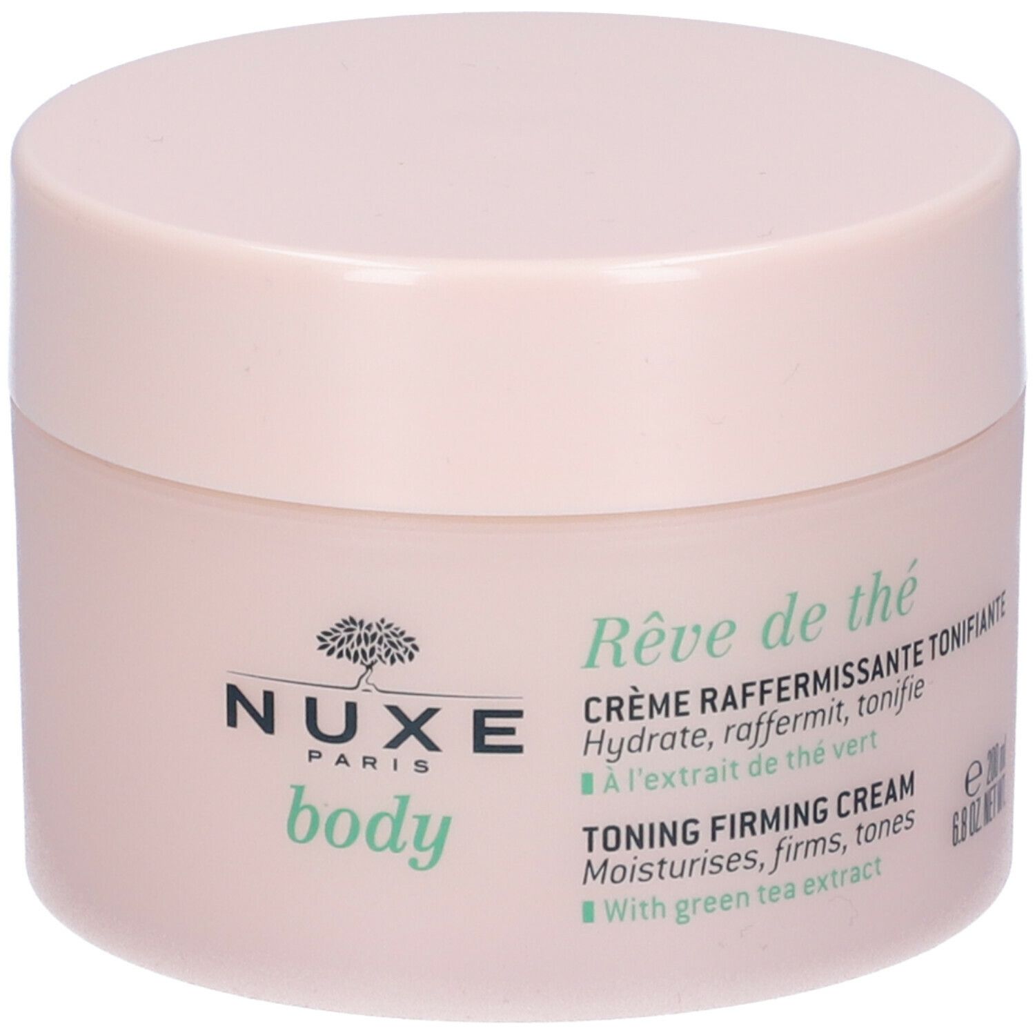 Vaso rosa con coperchio bianco. Scritta: Nuxe Body, Rêve de thé, Crème raffermissante tonifiante. Estratto di tè verde.