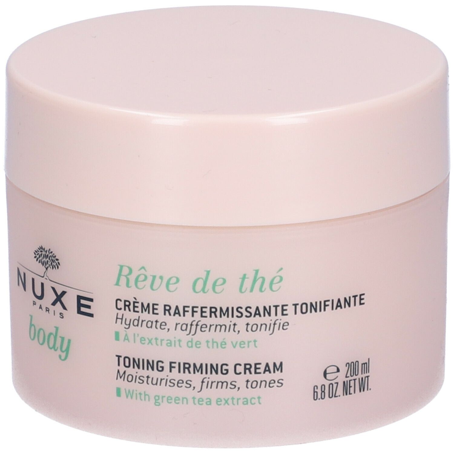 Vaso rosa con coperchio bianco. Scritta: Nuxe Body, Rêve de thé, Crème raffermissante tonifiante. Estratto di tè verde.