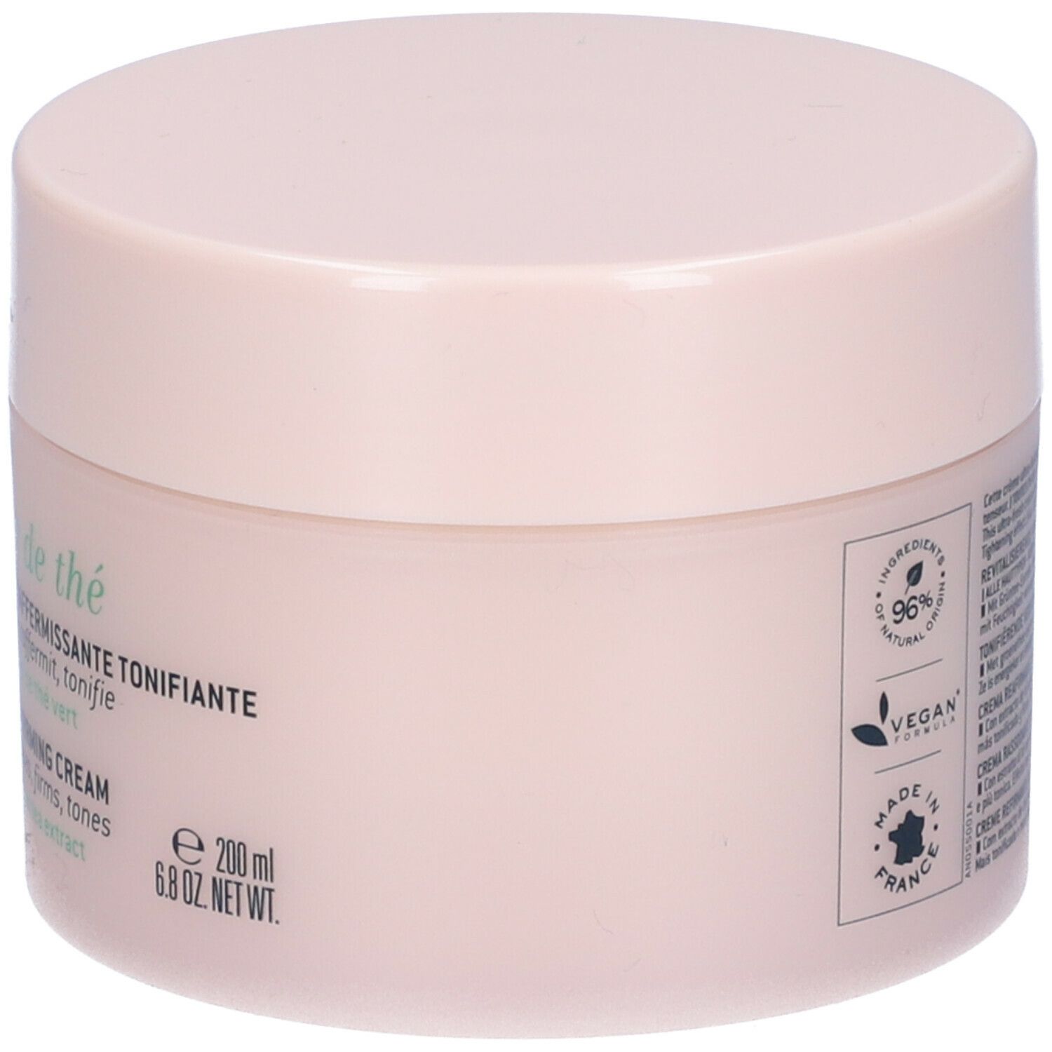 Vaso rosa con coperchio bianco. Scritta: Nuxe Body, Rêve de thé, Crème raffermissante tonifiante. Estratto di tè verde. 200ml.