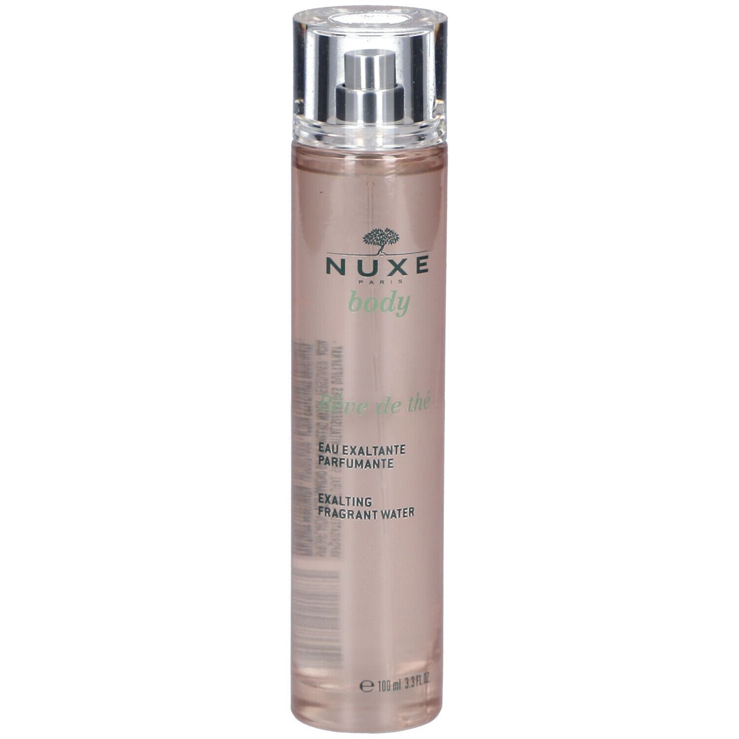 Flacone rosa con vaporizzatore. Scritta: Nuxe Body, Rêve de thé, Eau exaltante parfumante.