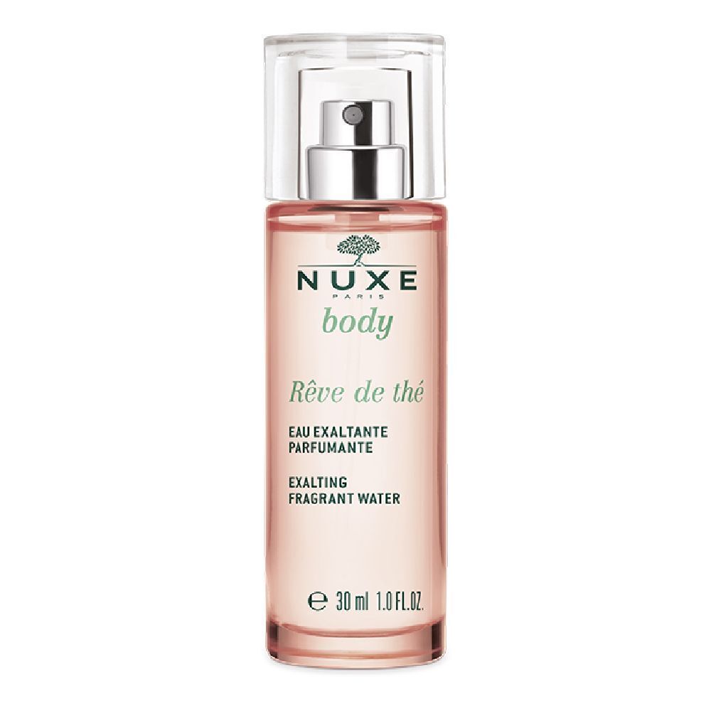 Flacone trasparente con vaporizzatore. Scritte: Nuxe body, Rêve de thé, Eau exaltante parfumante, Exalting fragrant water.
