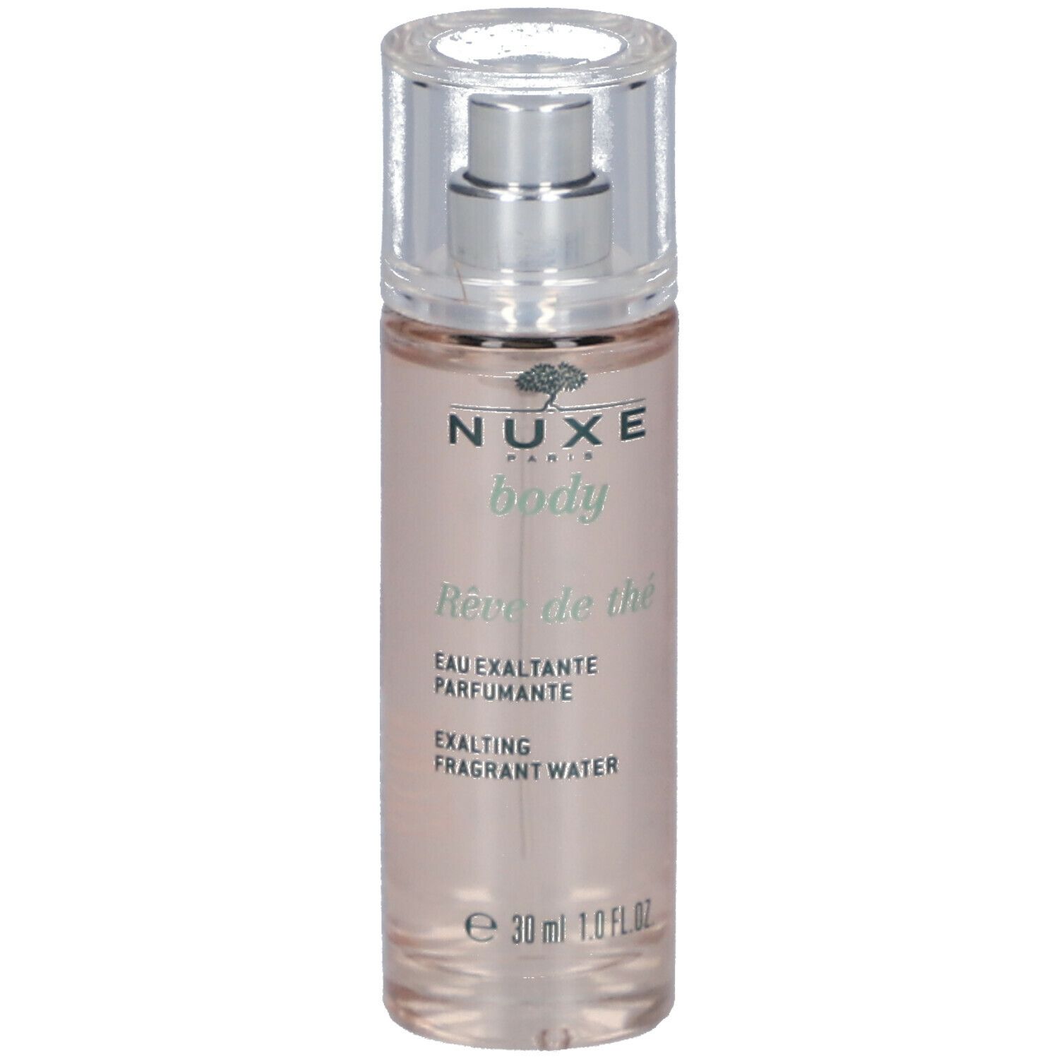Flacone trasparente con vaporizzatore. Scritte: Nuxe body, Rêve de thé, Eau exaltante parfumante, Exalting fragrant water.