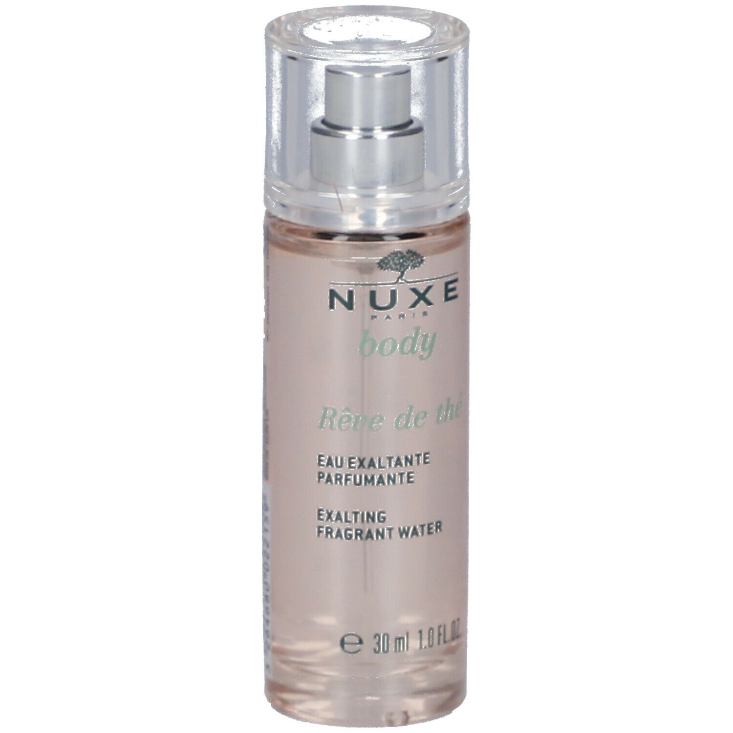 Flacone trasparente con vaporizzatore. Scritte: Nuxe body, Rêve de thé, Eau exaltante parfumante, Exalting fragrant water.