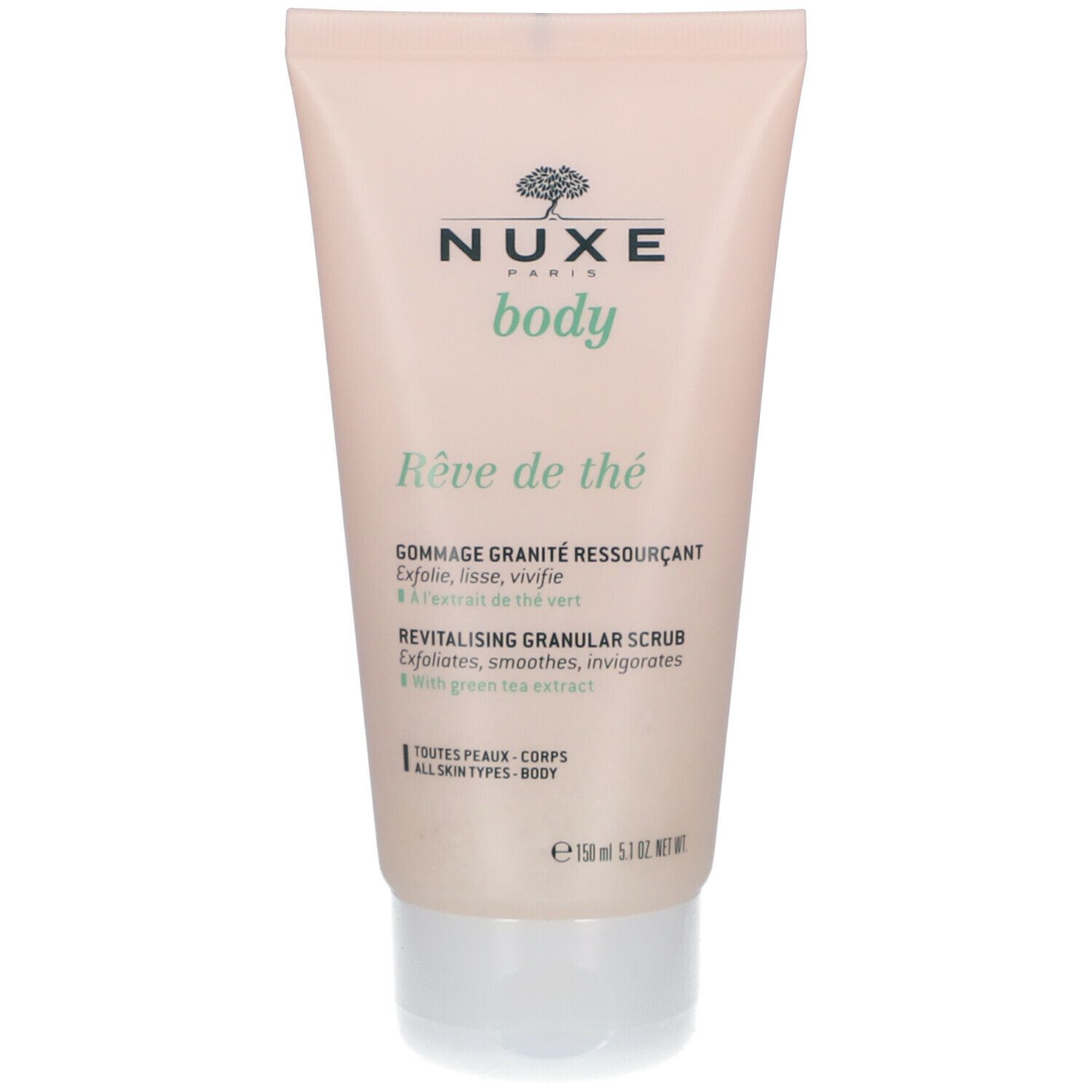 Tubo rosa con tappo bianco. Scritta: Nuxe Body, Rêve de Thé, Revitalising Granular Scrub. 150ml.