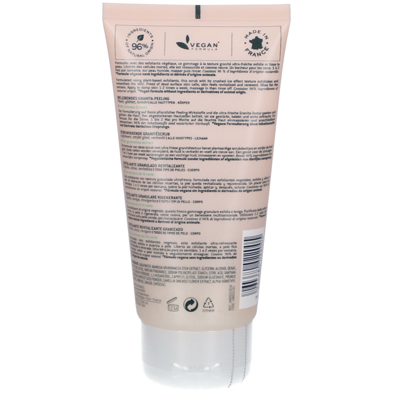 Retro del tubo rosa con tappo bianco. Testo multilingue. Logo Vegan, Made in France.