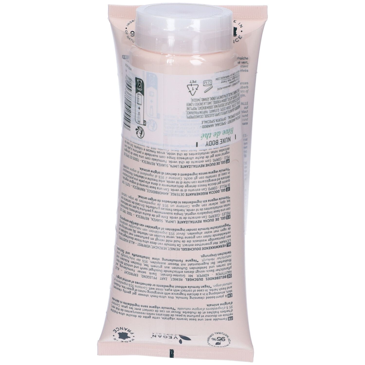 Retro della doppia confezione di gel doccia NUXE Body. Tubo rosa con testo. Imballaggio trasparente. Logo vegano.