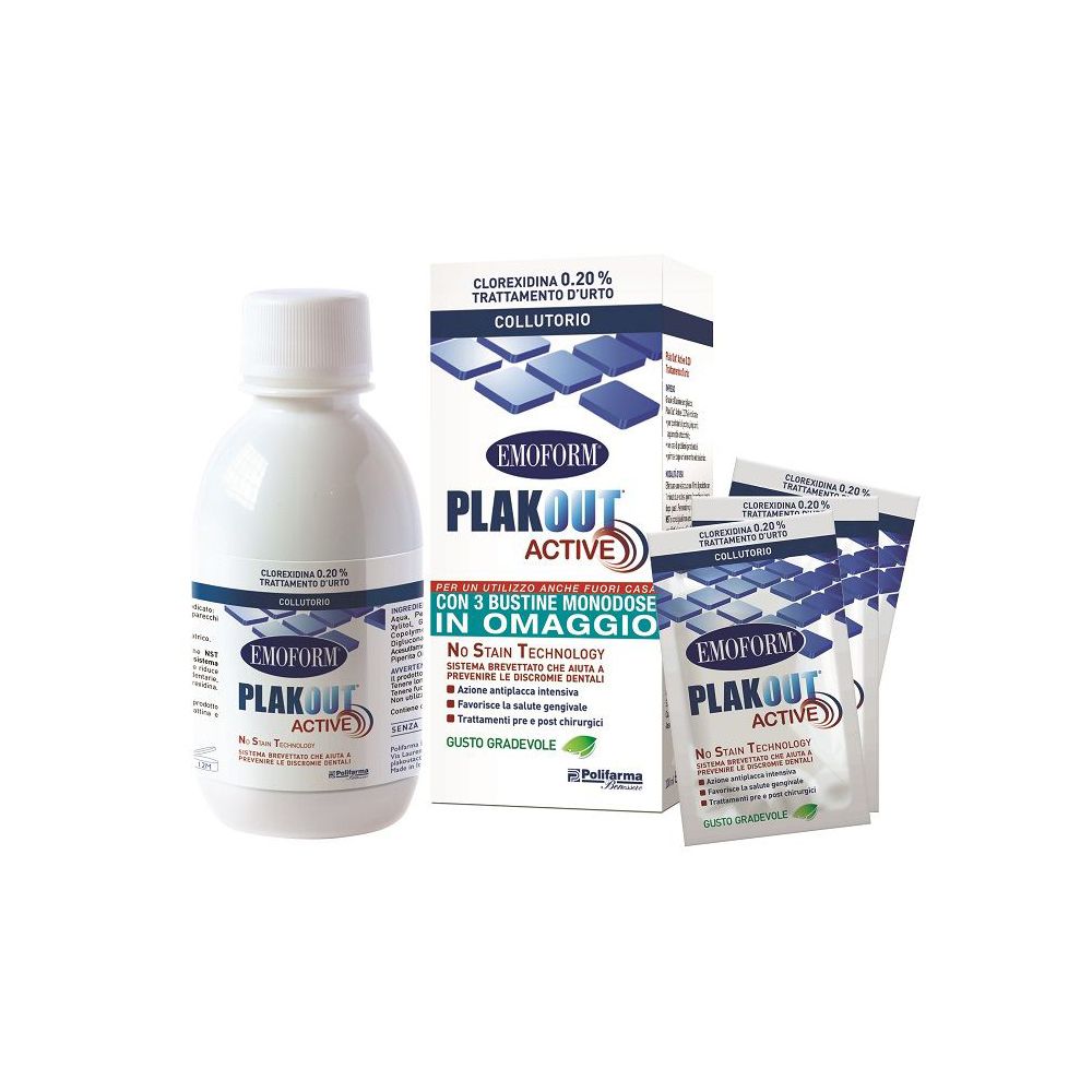 Collutorio, bottiglia, confezione e bustine. Emoform Plak Out Active. Contiene Clorexidina 0,20%.
