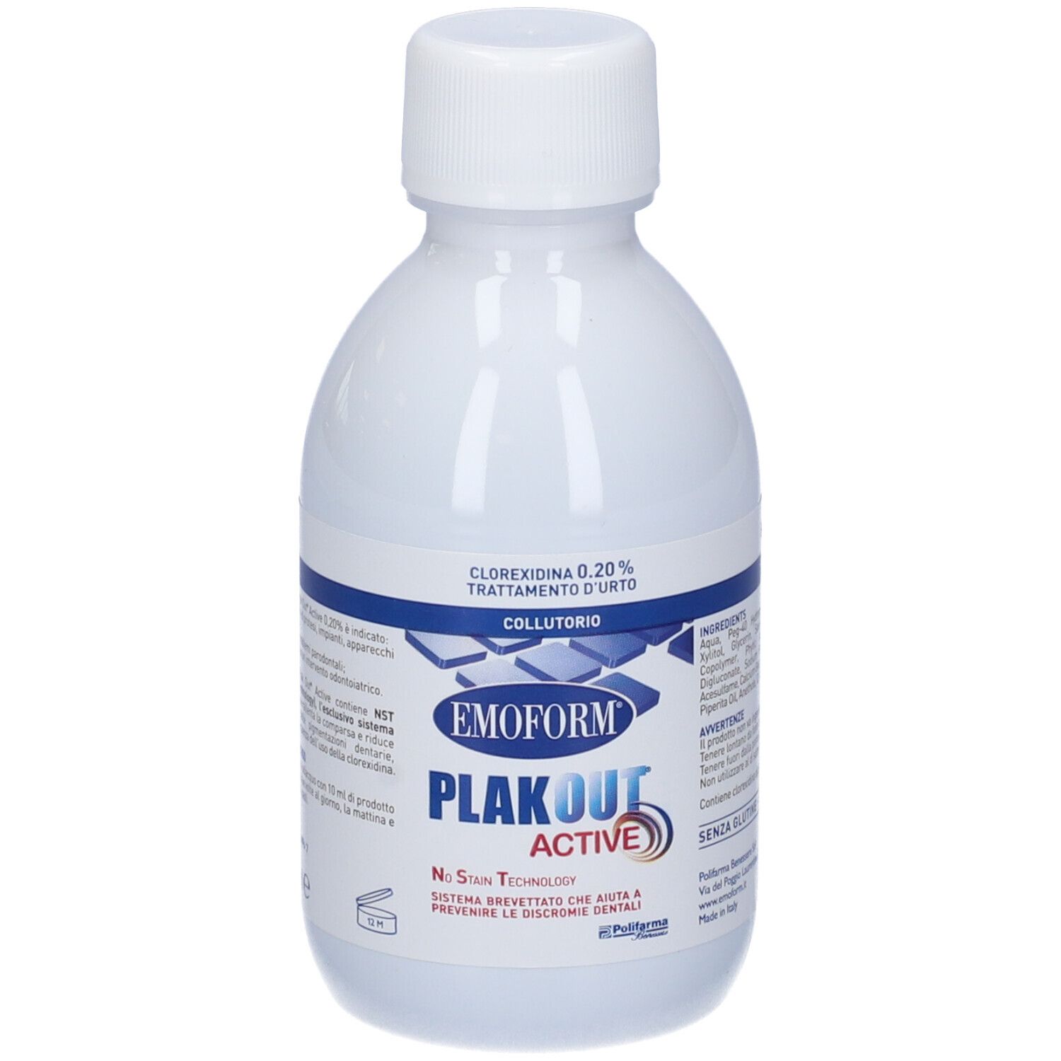 Bottiglia bianca con etichetta blu. Emoform Plak Out Active. Contiene Clorexidina 0,20%.