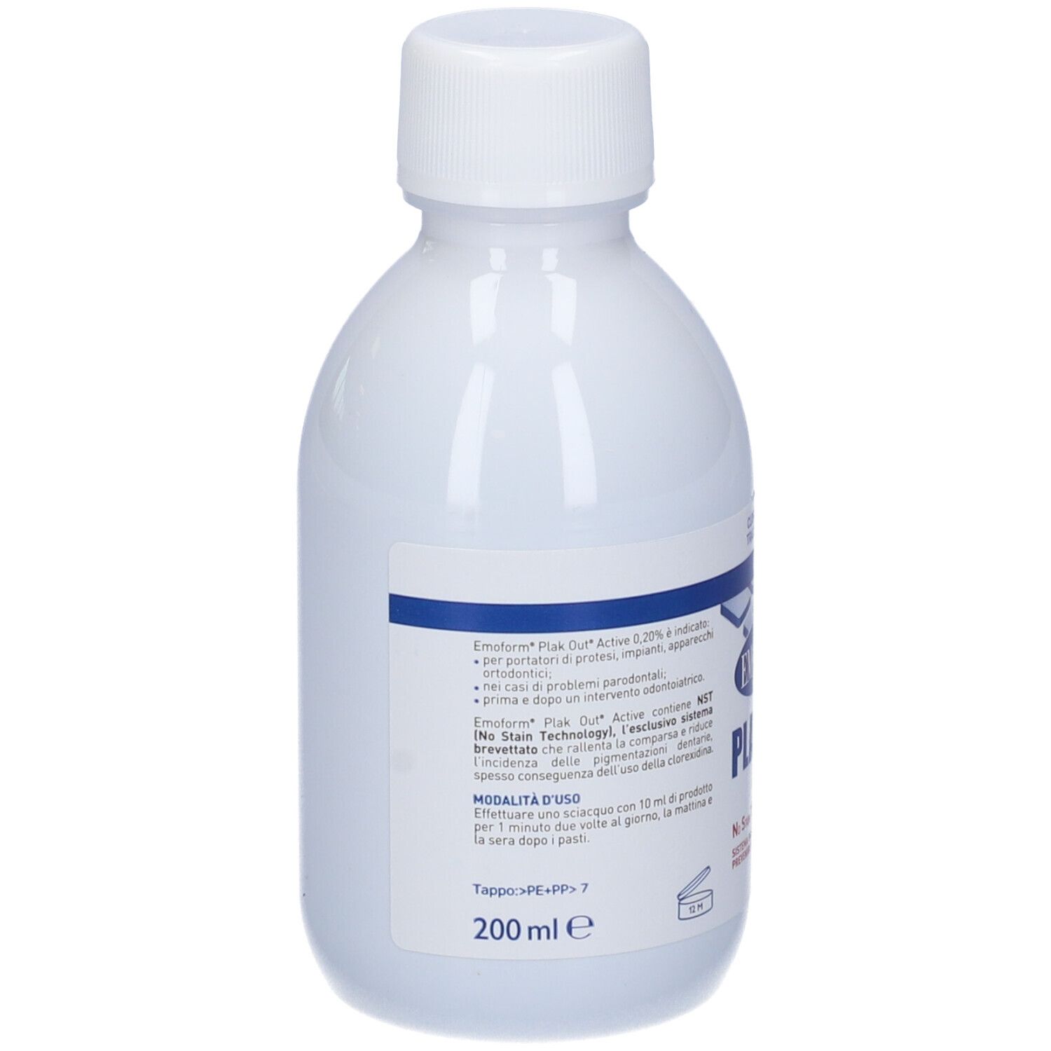 Bottiglia bianca con etichetta blu. Emoform Plak Out Active. 200 ml.