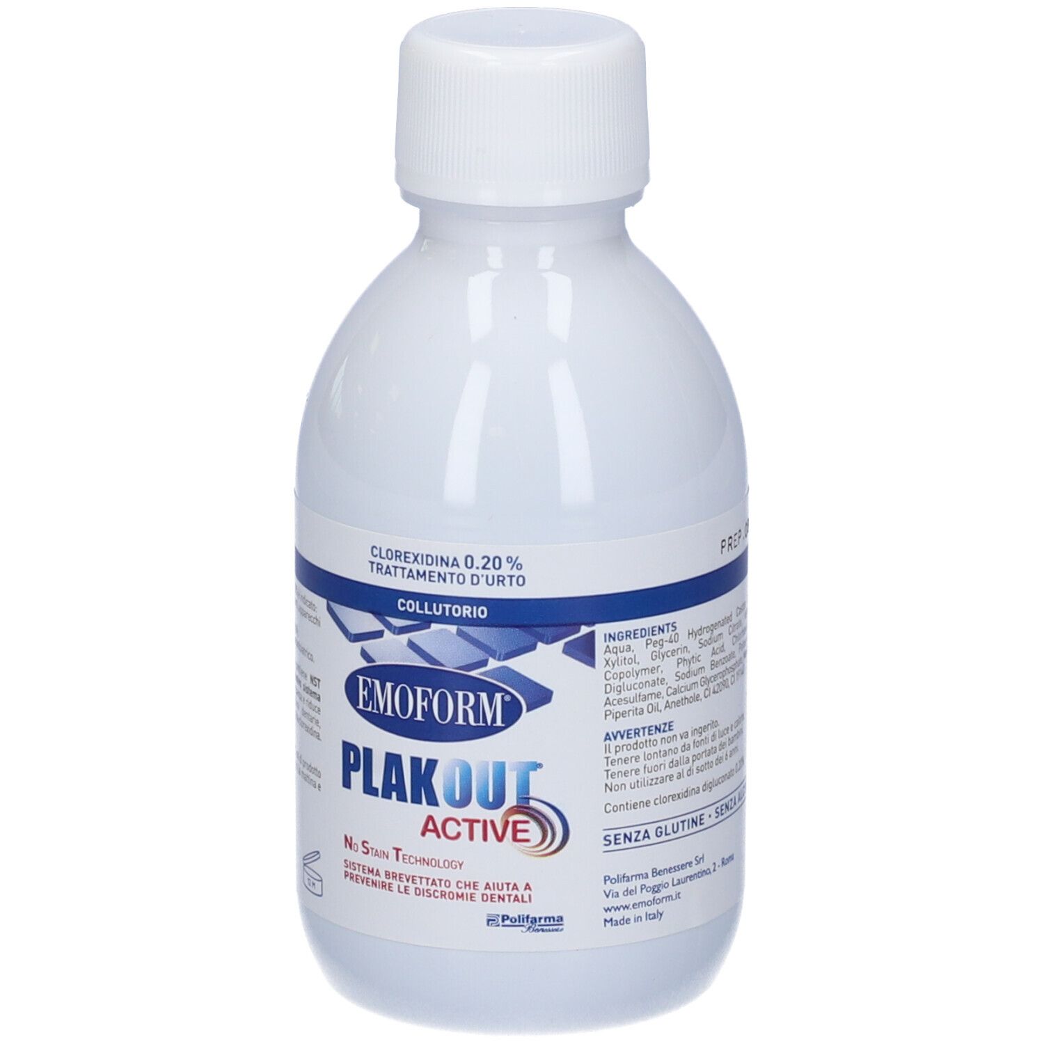 Bottiglia bianca con etichetta blu. Emoform Plak Out Active. Contiene Clorexidina 0,20%.