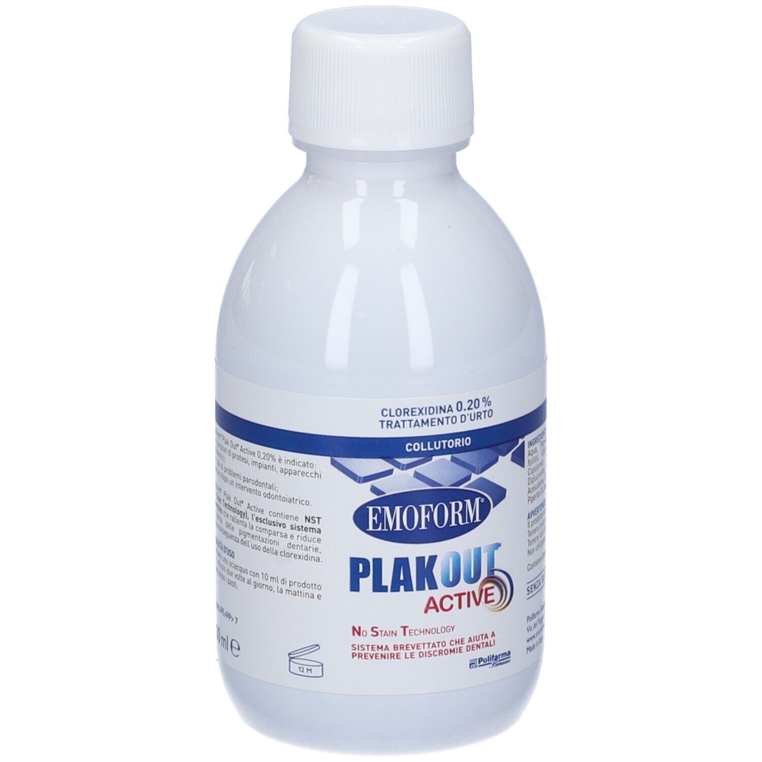 Bottiglia bianca con etichetta blu. Emoform Plak Out Active. Contiene Clorexidina 0,20%.