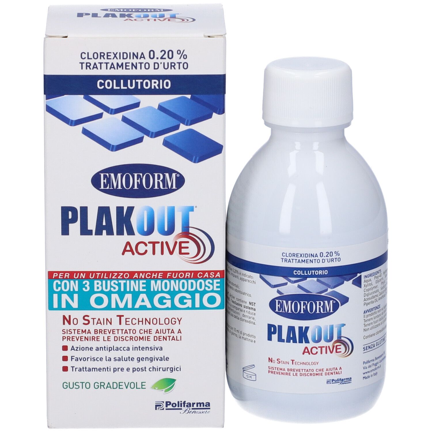 Collutorio, bottiglia e confezione. Emoform Plak Out Active. Contiene Clorexidina 0,20%.