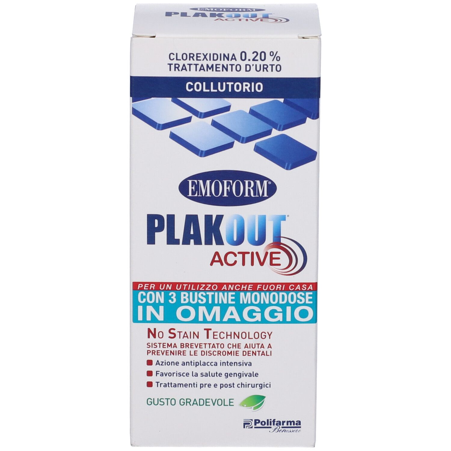 Confezione di collutorio. Emoform Plak Out Active. Contiene Clorexidina 0,20%.