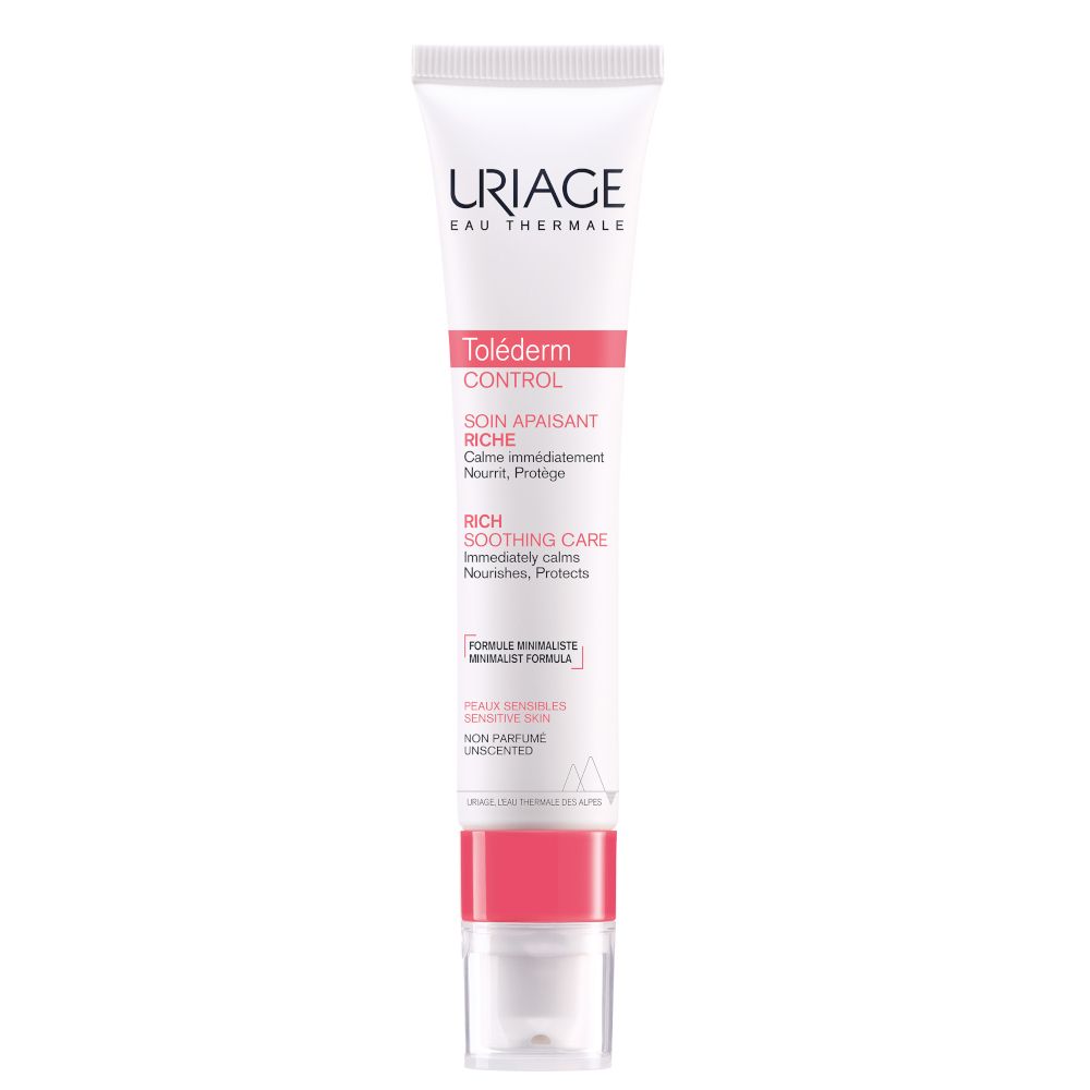 Uriage Toléderm Control Creme. Weiße Tube mit roter Schrift. Produktname und Marke deutlich sichtbar.