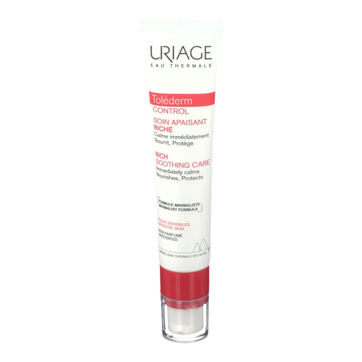 Uriage Toléderm Control Creme. Weiße Tube mit roter Schrift. Produktname und Marke deutlich sichtbar.
