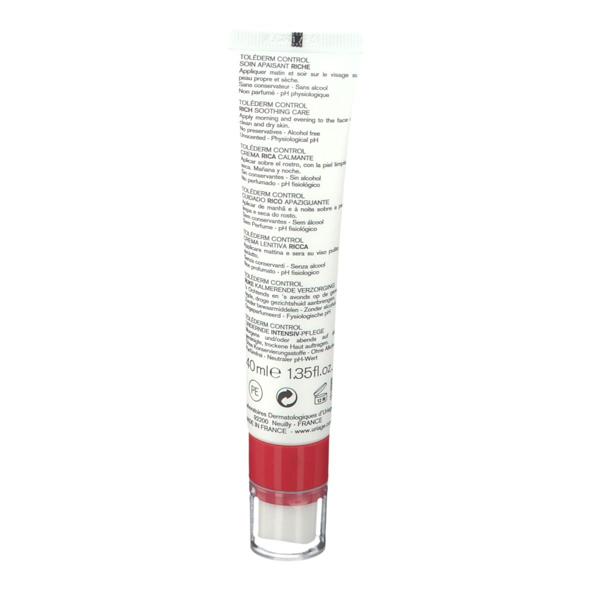 Rückseite der Uriage Toléderm Control Tube. Text in mehreren Sprachen. Produktinformationen.