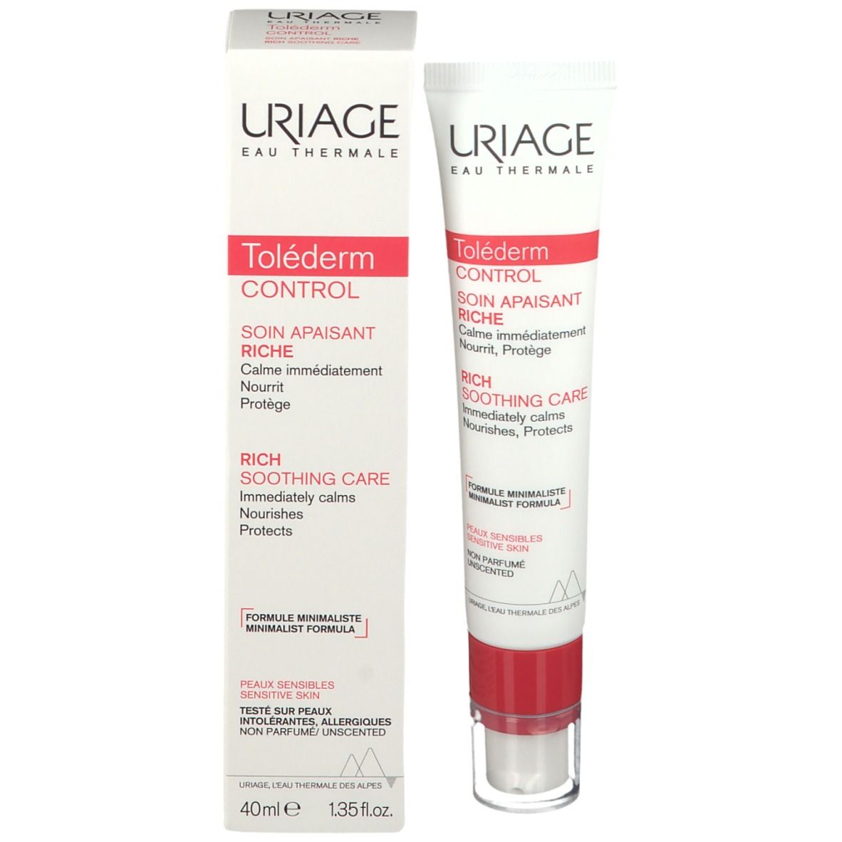 Uriage Toléderm Control Creme und Verpackung. Produktname und Marke deutlich sichtbar.