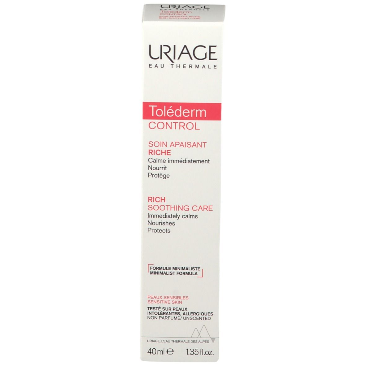 Uriage Toléderm Control Creme und Verpackung. Produktname und Marke deutlich sichtbar.
