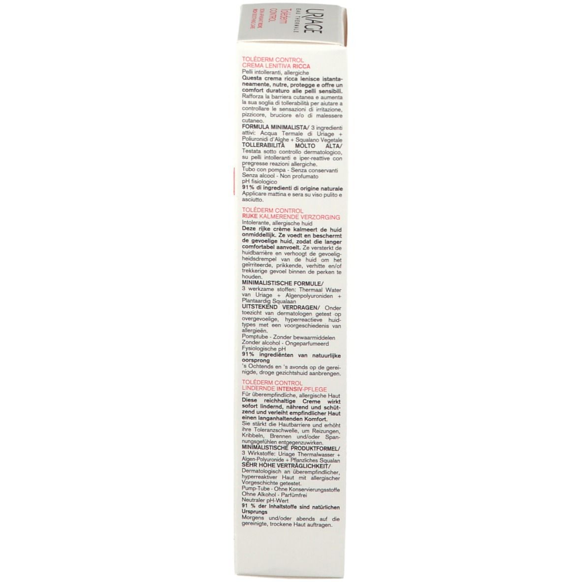 Seite der Uriage Toléderm Control Verpackung. Text in mehreren Sprachen. Produktinformationen.