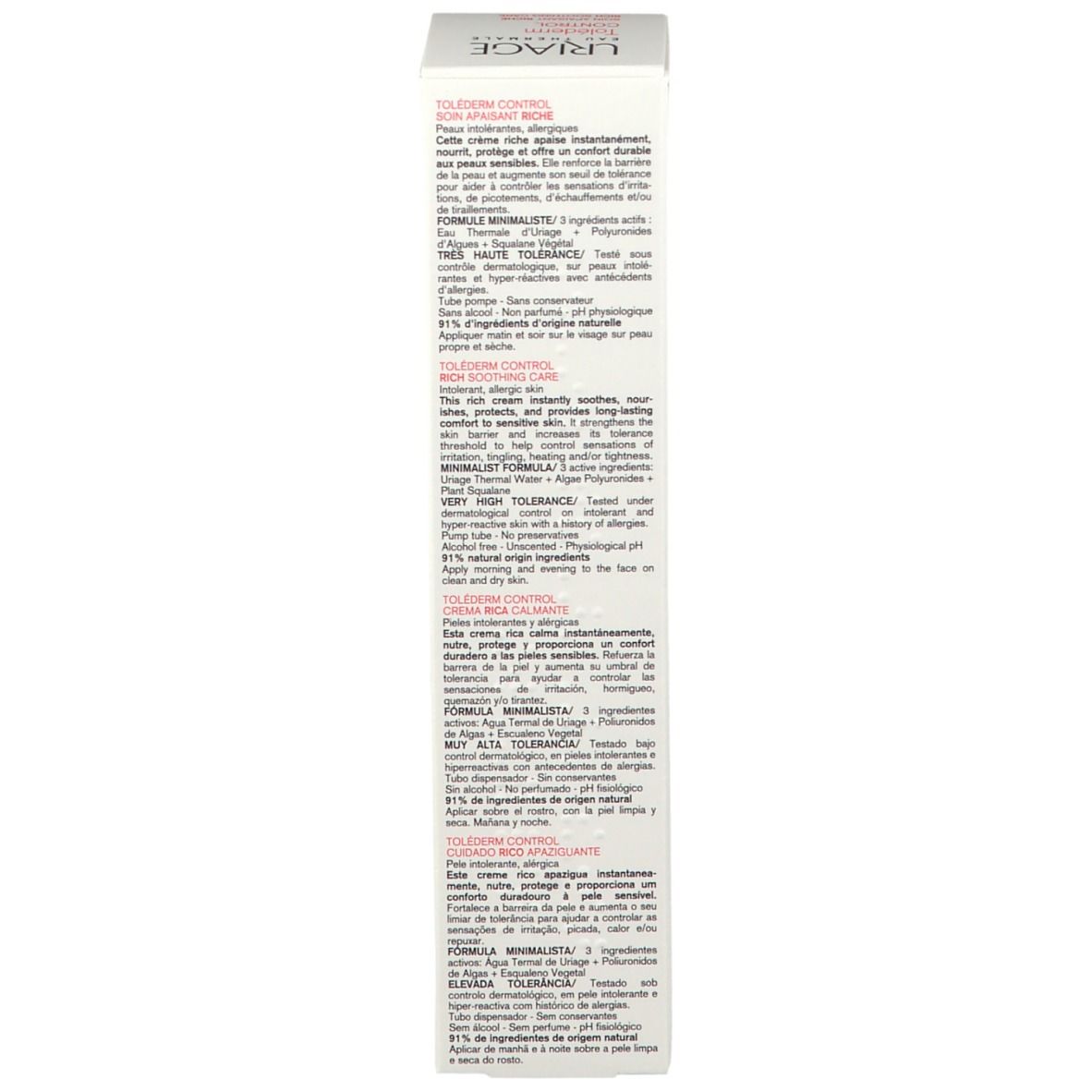 Seite der Uriage Toléderm Control Verpackung. Text in mehreren Sprachen. Produktinformationen.