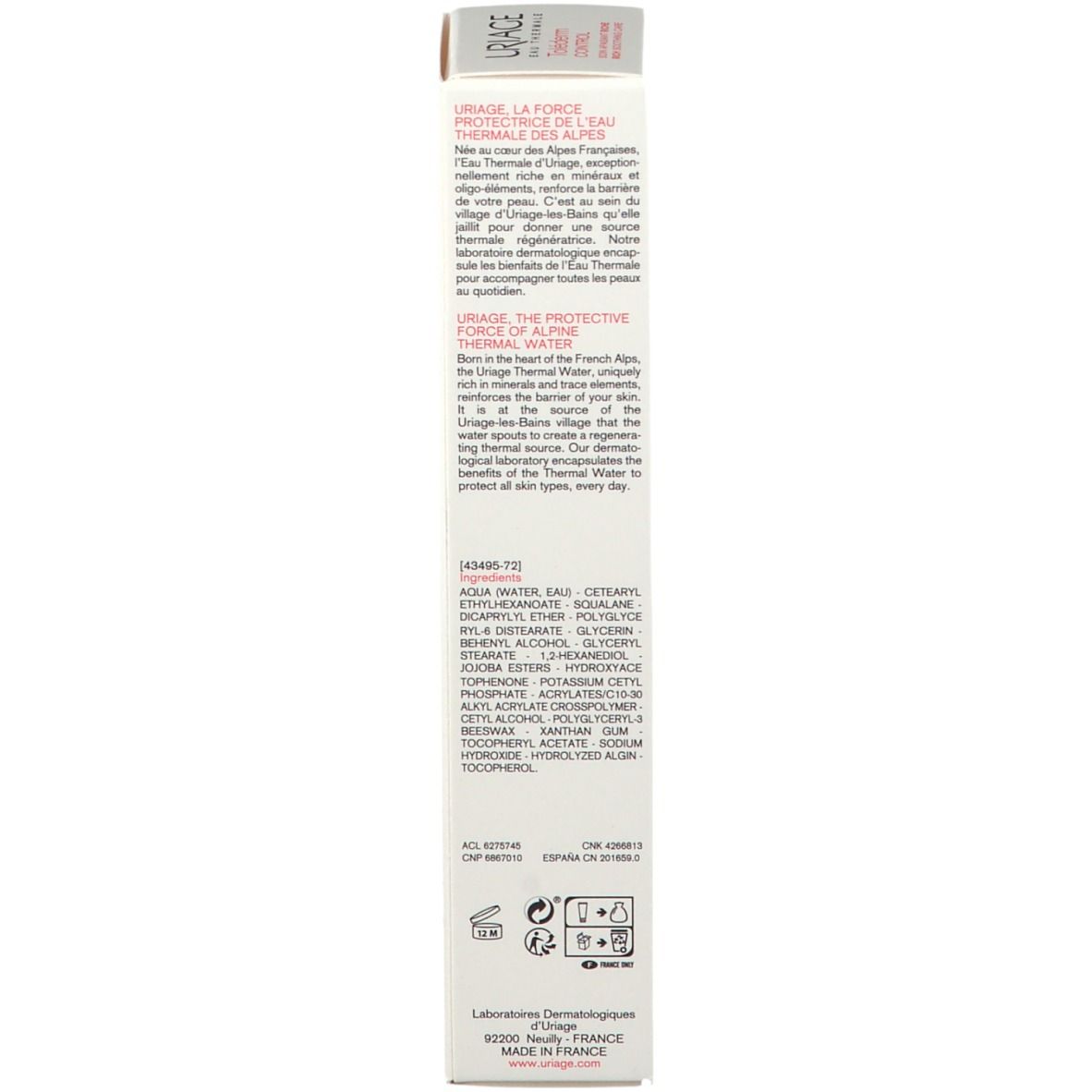 Rückseite der Uriage Toléderm Control Verpackung. Inhaltsstoffe und Informationen.