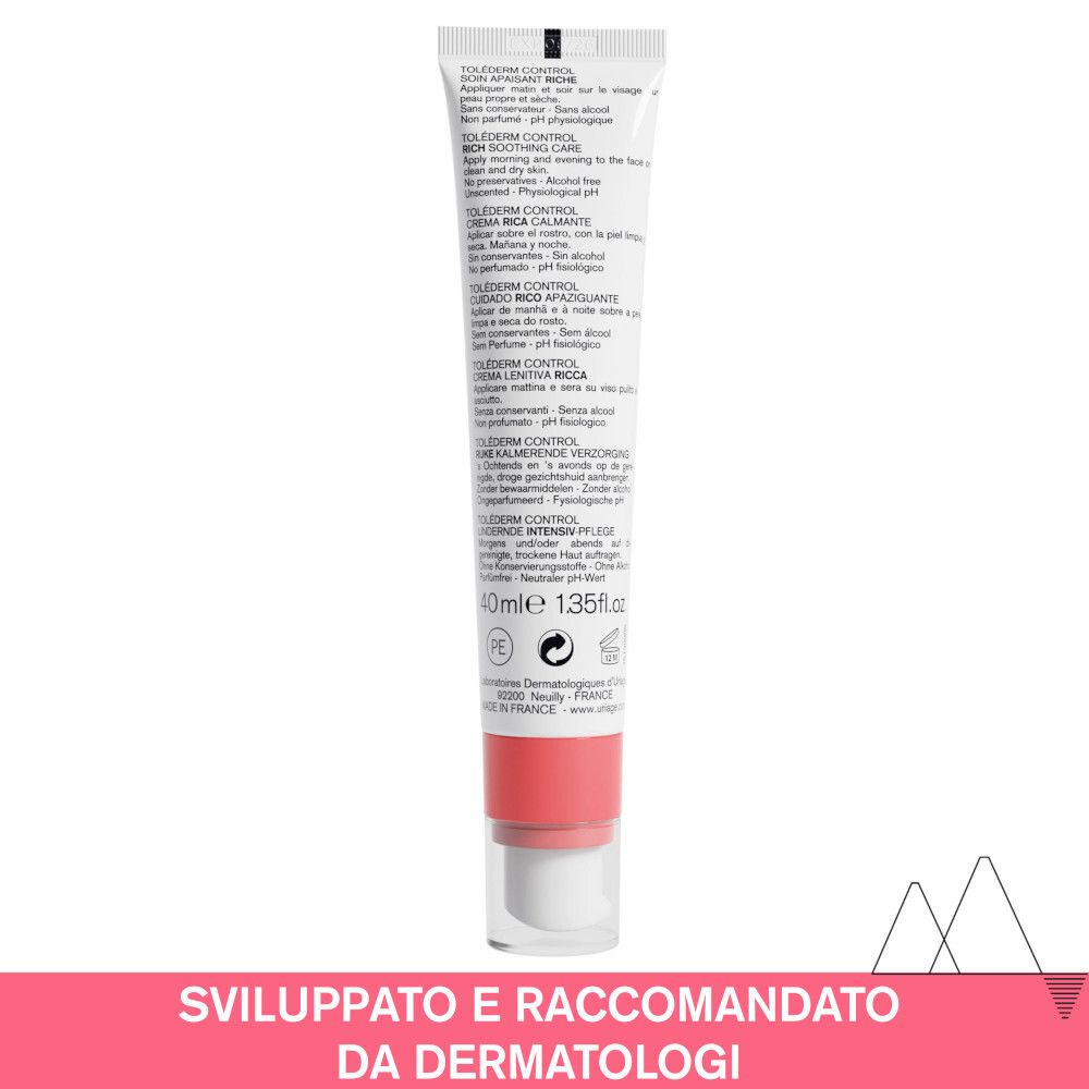 Rückseite der Uriage Toléderm Control Tube. Text in mehreren Sprachen. Produktinformationen.