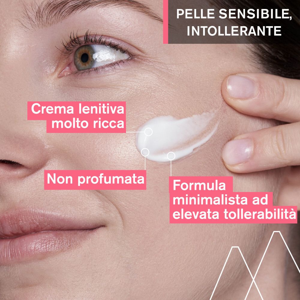 Gesicht mit Creme. Text: Creme, nicht parfümiert, minimalistische Formel. Hauttyp: empfindlich, intolerant.