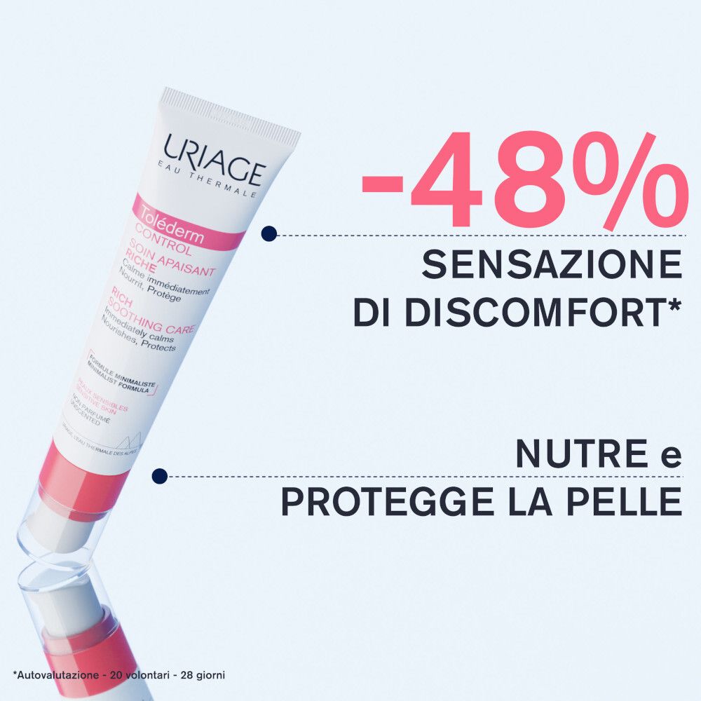 Uriage Toléderm Control Tube. Text: -48% Beschwerden, nährt und schützt die Haut. Produktname und Marke.