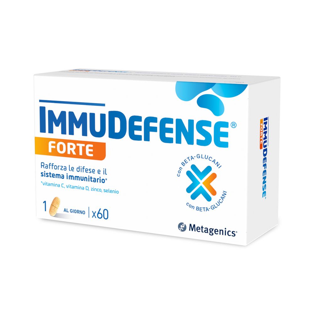 Scatola bianca "IMMUDEFENSE FORTE". Contiene 60 compresse. Marchio Metagenics. Accenti blu e arancioni.