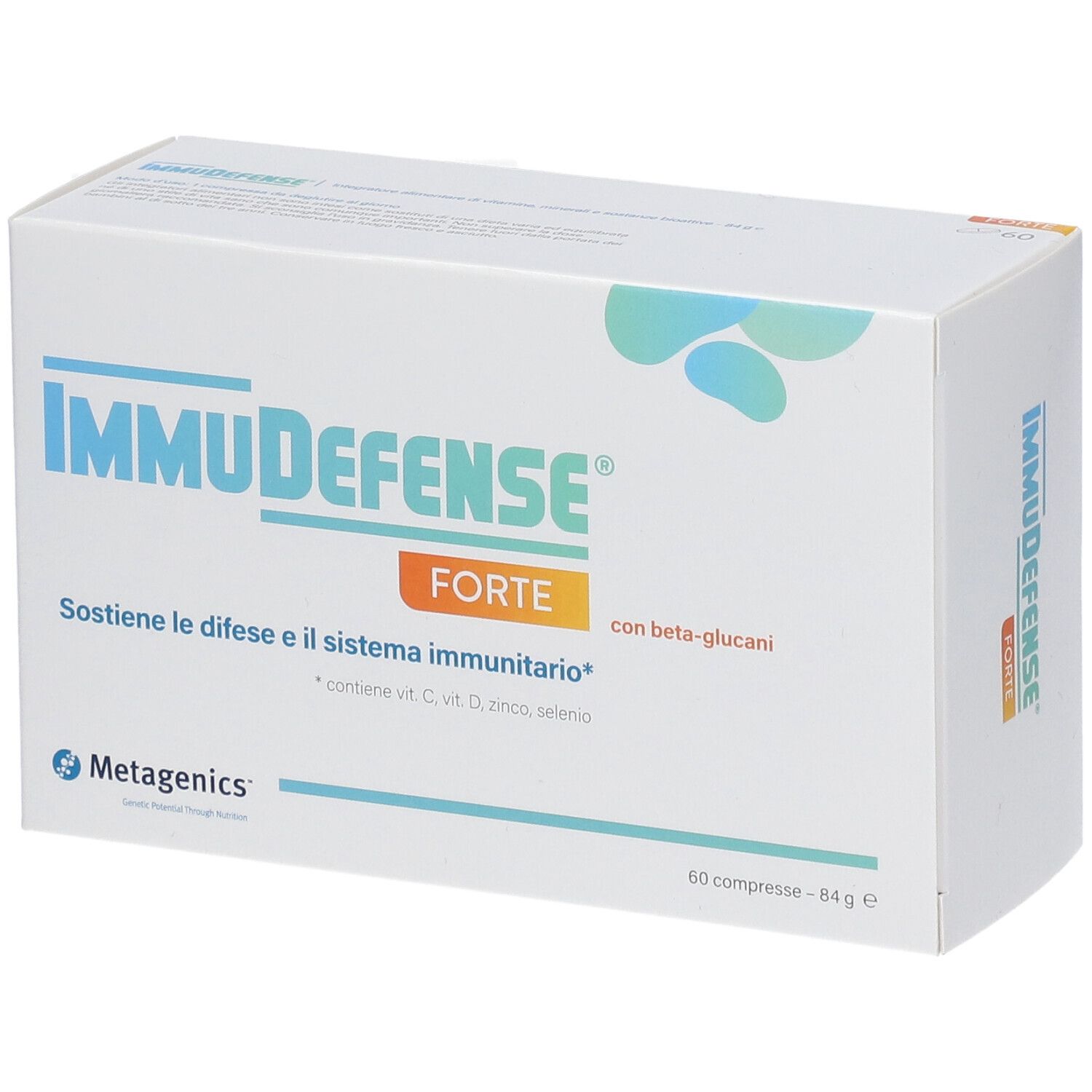 Scatola bianca "IMMUDEFENSE FORTE". Testo: "Sostiene le difese e il sistema immunitario". Marchio Metagenics.