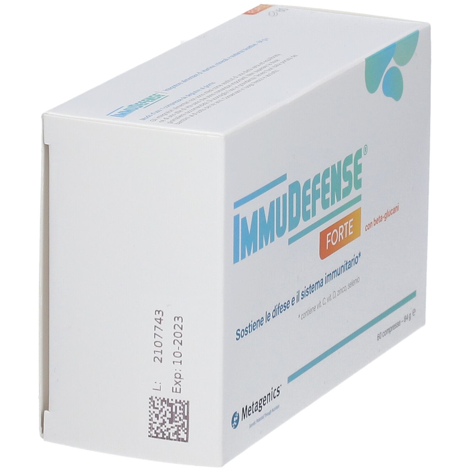 Scatola bianca "IMMUDEFENSE FORTE". Testo: "Sostiene le difese e il sistema immunitario". Marchio Metagenics. Codice QR.
