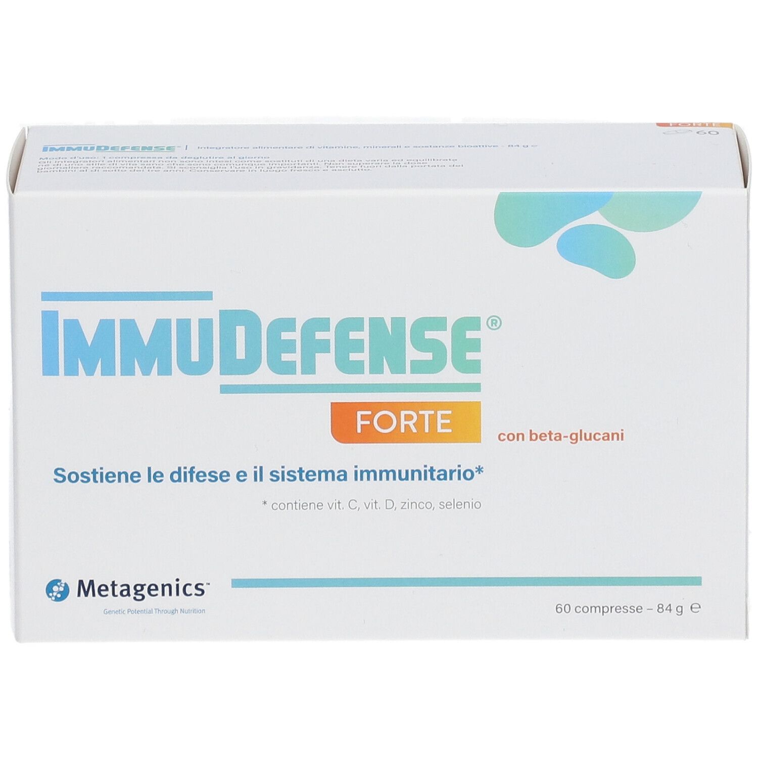 Scatola bianca "IMMUDEFENSE FORTE". Testo: "Sostiene le difese e il sistema immunitario". Marchio Metagenics.