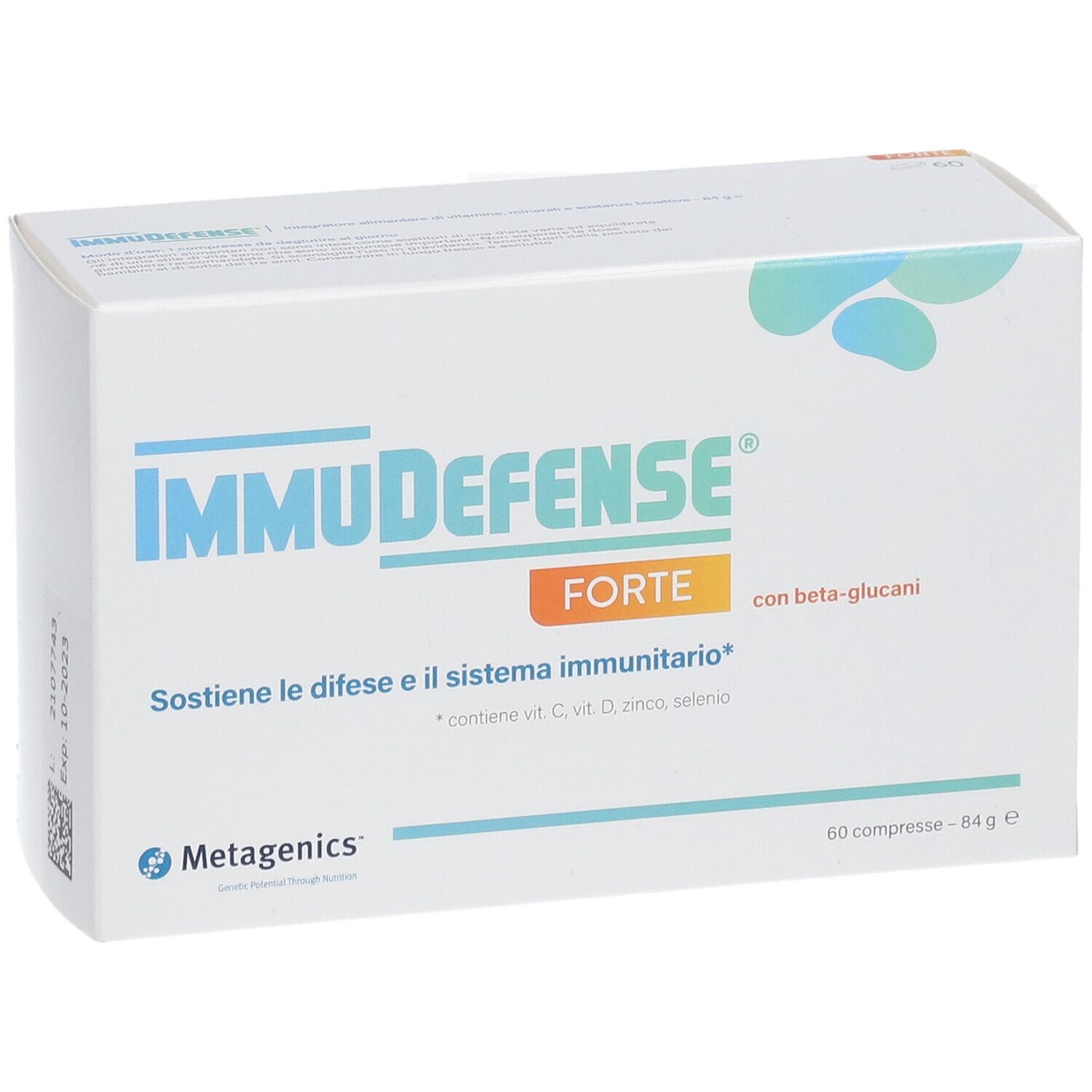 Scatola bianca "IMMUDEFENSE FORTE". Testo: "Sostiene le difese e il sistema immunitario". Marchio Metagenics.