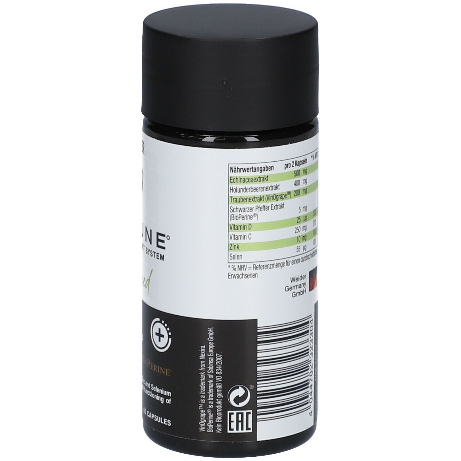 Flacone cilindrico. Retro con informazioni nutrizionali. Contiene 60 capsule.
