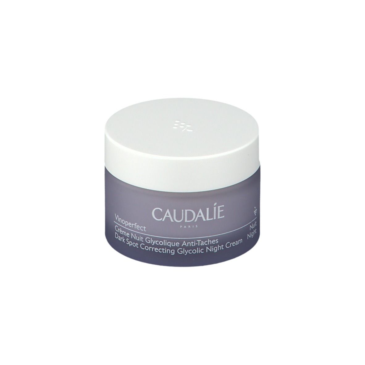 Pot de crème avec couvercle blanc. Inscription CAUDALIE et nom du produit. Emballage en verre bleu.