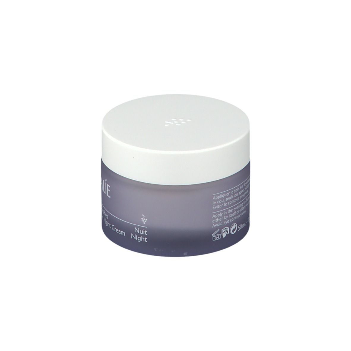Pot de crème avec couvercle blanc. Inscription CAUDALIE et nom du produit. Emballage en verre bleu.