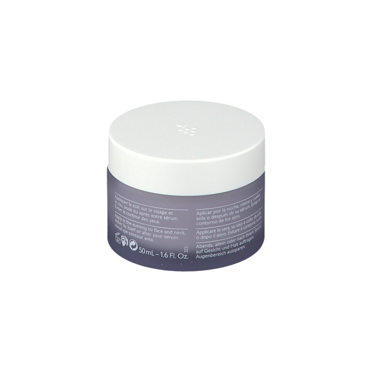 Pot de crème avec couvercle blanc. Inscription CAUDALIE et nom du produit. Emballage en verre bleu.