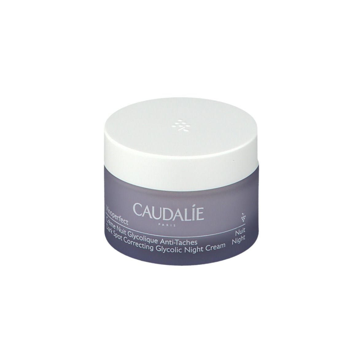 Pot de crème avec couvercle blanc. Inscription CAUDALIE et nom du produit. Emballage en verre bleu.