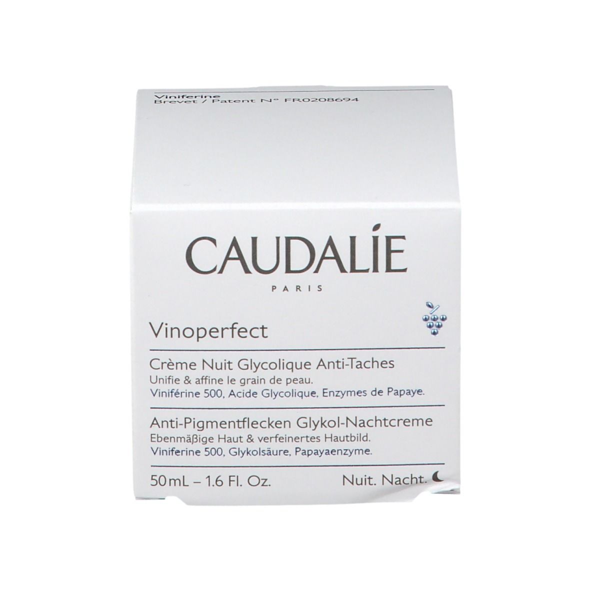 Boîte blanche avec inscription CAUDALIE et nom du produit. Contient des informations sur le produit.