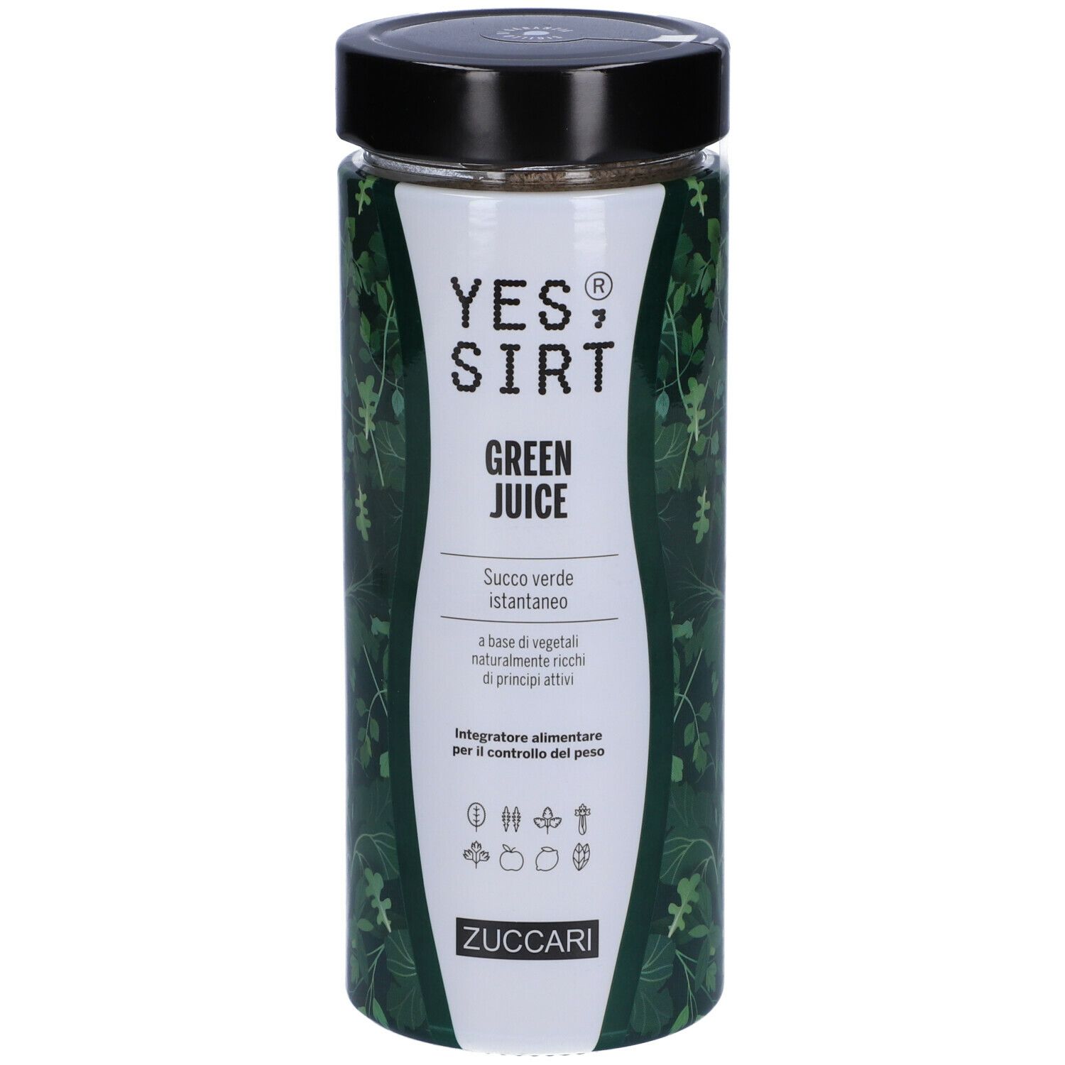 Barattolo cilindrico con coperchio nero. Scritta: YES, SIRT GREEN JUICE. Marchio ZUCCARI. Etichetta verde e bianca.