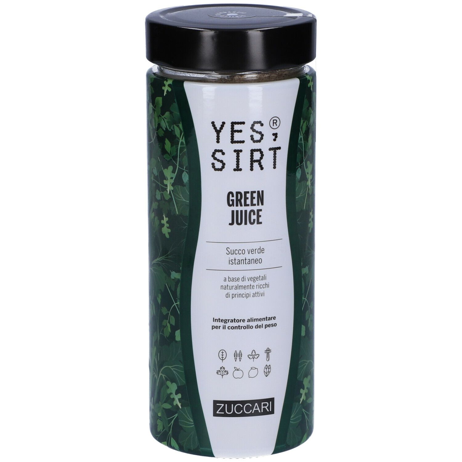 Barattolo cilindrico con coperchio nero. Scritta: YES, SIRT GREEN JUICE. Marchio ZUCCARI. Etichetta verde e bianca.