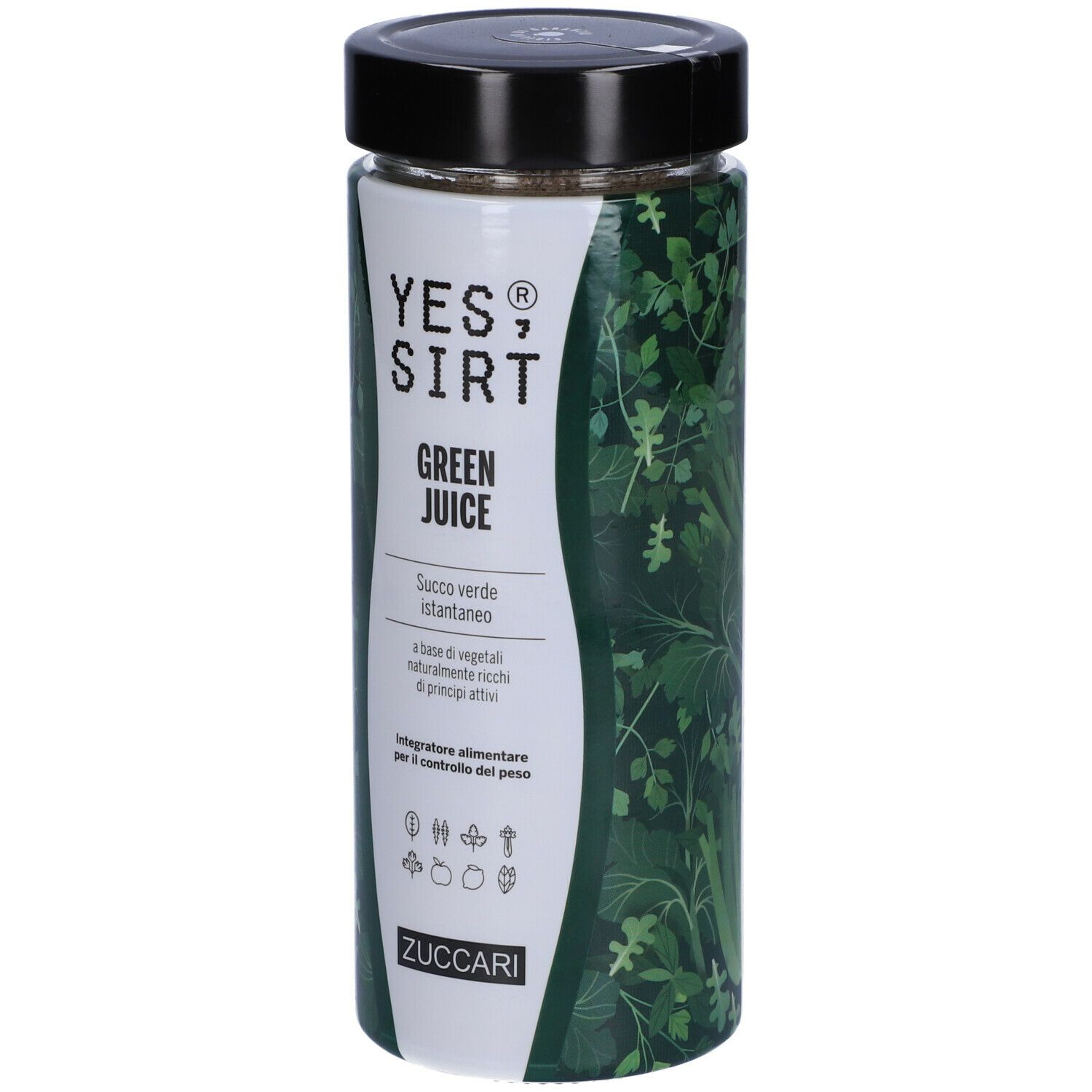 Barattolo cilindrico con coperchio nero. Scritta: YES, SIRT GREEN JUICE. Marchio ZUCCARI. Etichetta verde e bianca.