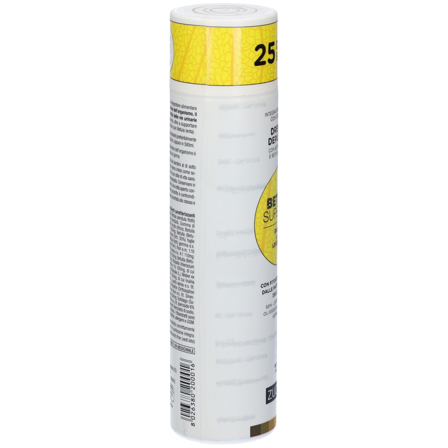 Flacone cilindrico, bianco con tappo giallo. Testo sul lato. Nome del prodotto e marchio non visibili.