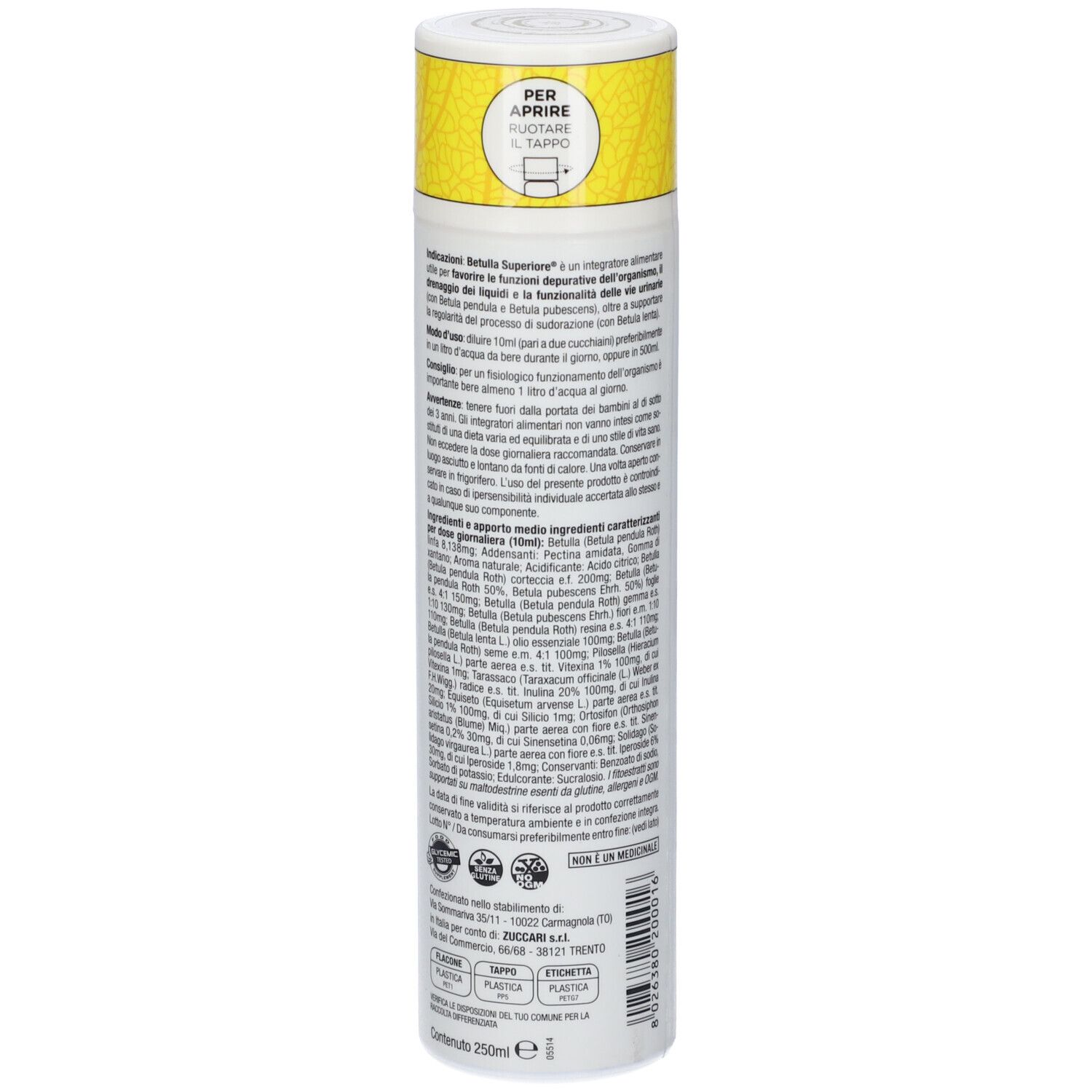 Flacone cilindrico, bianco con tappo giallo. Testo sul retro. Nome del prodotto e marchio non visibili.