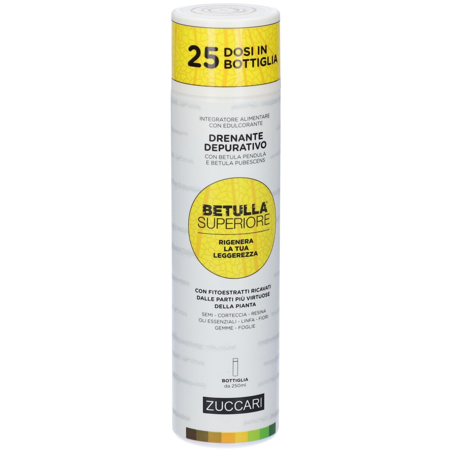 Flacone cilindrico con etichetta gialla. Scritta: 25 dosi, Betulla Superiore, ZUCCARI. Nome del prodotto e marchio visibili.