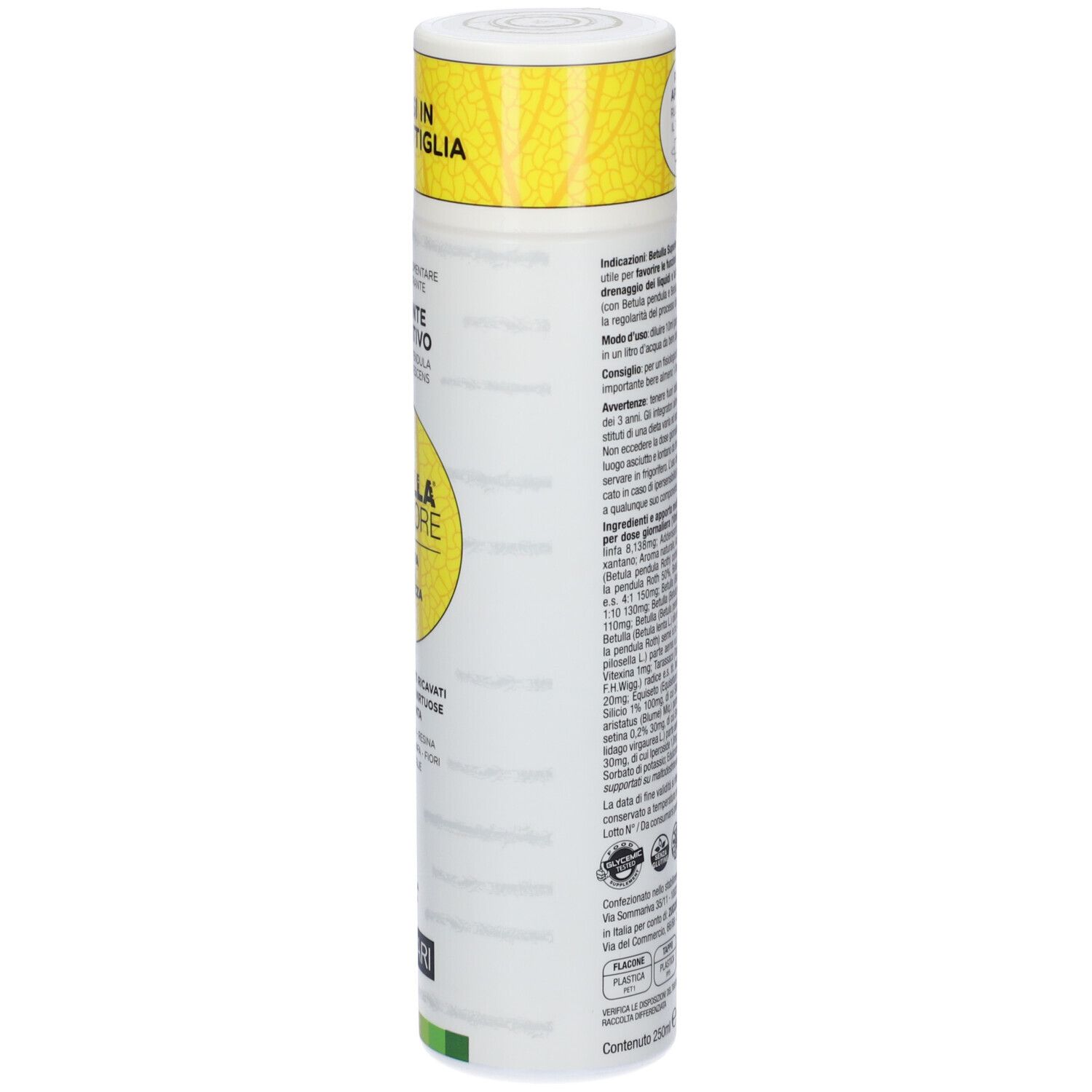 Flacone cilindrico, bianco con tappo giallo. Testo sul lato. Nome del prodotto e marchio non visibili.